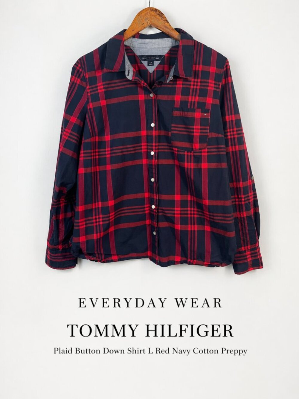 Tommy Hilfiger Plaid Button Down Shirt L Red Navy Cotton Preppy